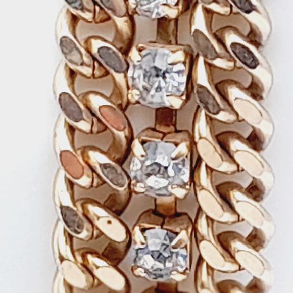 Vintage Wide Three Strand Gold Tone Bracelet - 7 1/4 Inches, Curb Rhinestones - Picture 1 of 10